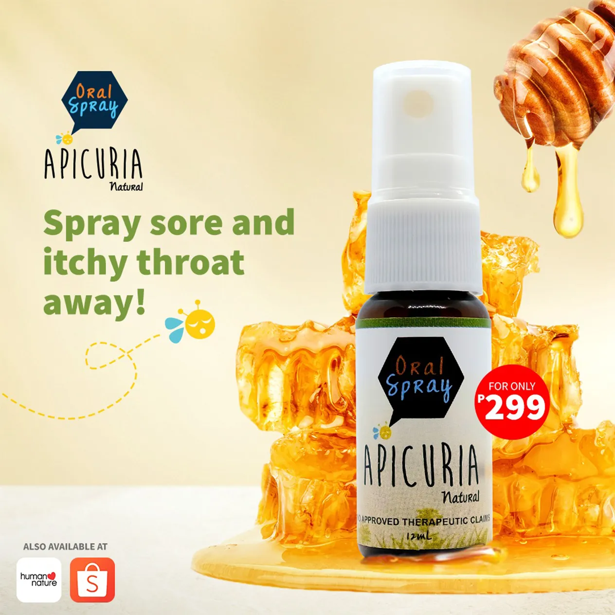 Apicuria Natural Oral Spray Spray Sore Itchy Throat Away Content