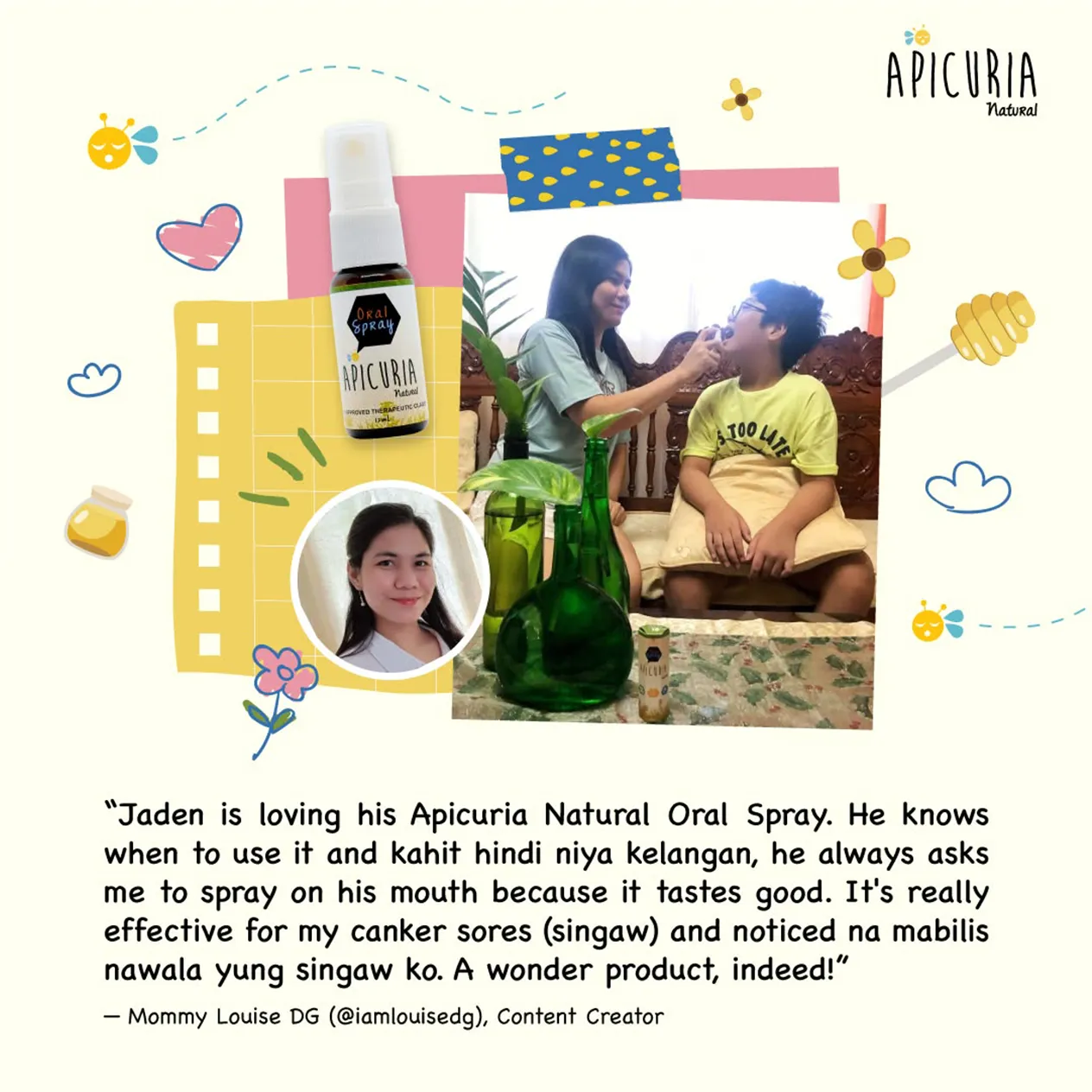 Apicuria Natural Oral Spray Testimonial Louise Content