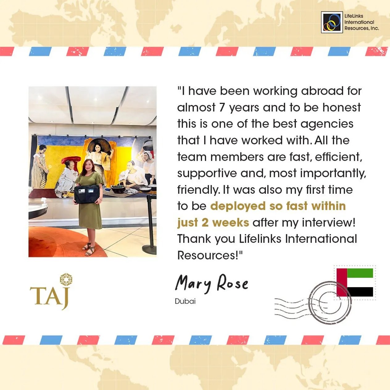 Lifelinks International Resources Mary Rose Taj Testimonial Content
